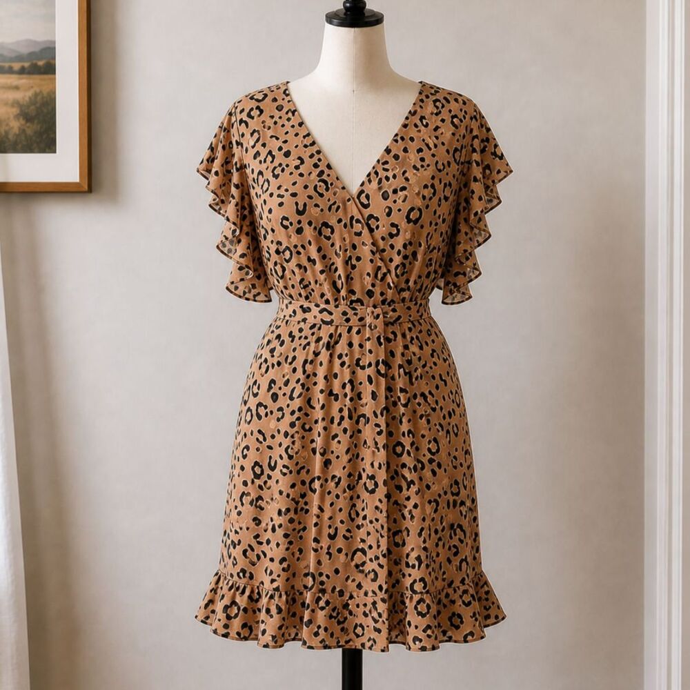 Fashion to Figure Leopard Print Ruffle Sleeve Dress/Romper Size M-7